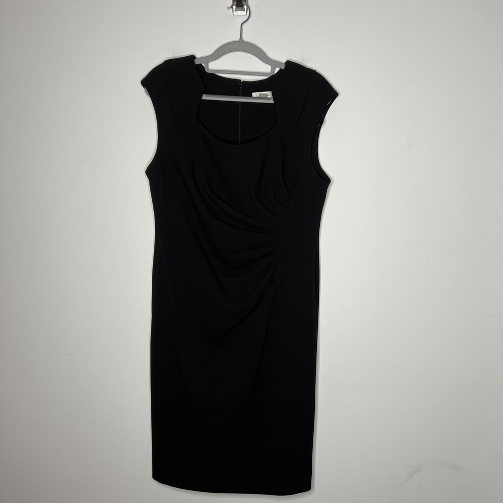 Calvin Klein Sheath Dress Womens 12 Black Ruched Cap Sleeve‎ Stretch Office Knee